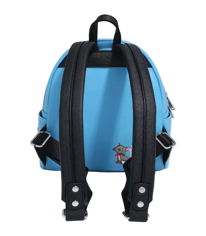 Blue backpack with black straps on a white background