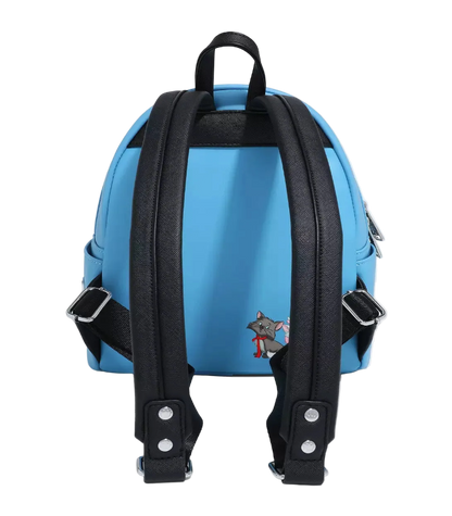 Blue backpack with black straps on a white background