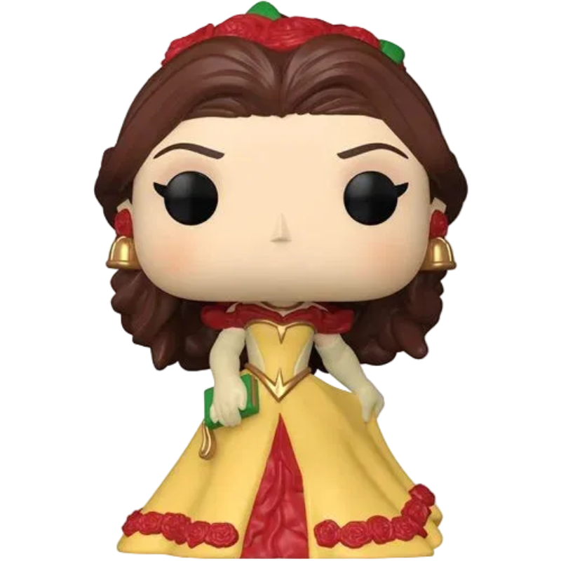 A stylized vinyl figure of Belle from Beauty and the Beast, featuring brown hair, a red rose crown, a yellow dress with red trim, and gold earrings, shown against a plain white background.