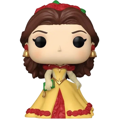 A stylized vinyl figure of Belle from Beauty and the Beast, featuring brown hair, a red rose crown, a yellow dress with red trim, and gold earrings, shown against a plain white background.