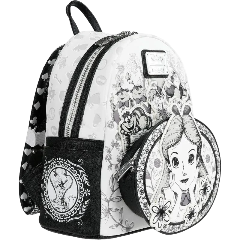 Backpack with black and white designs featuring characters and patterns on a white background
