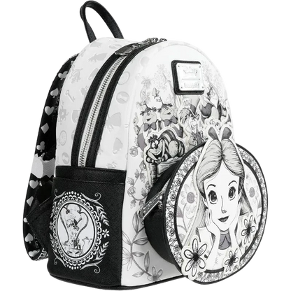 Backpack with black and white designs featuring characters and patterns on a white background