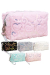 Heart Sequined Fuzzy Fur Cosmetic Pouch Bag: ASSORTED / ONE SIZE