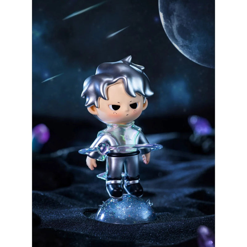Toy figure of a character in a space suit with a dark space-themed background
