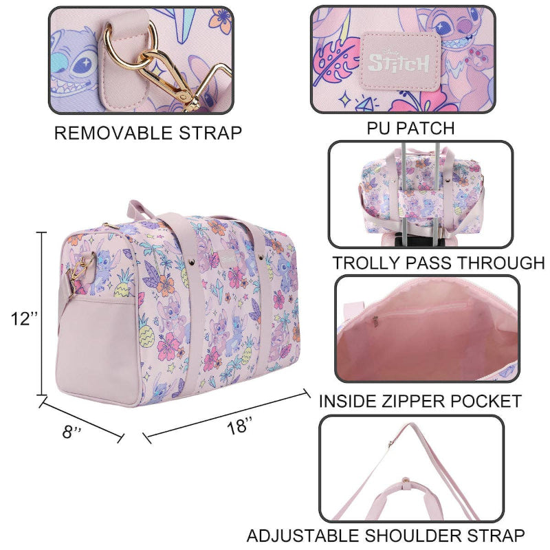 Floral patterned bag with features highlighted on a white background