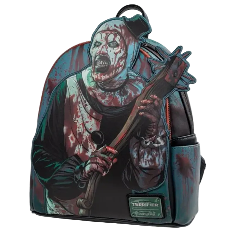 Backpack with a horror-themed design featuring a character with a knife on a white background