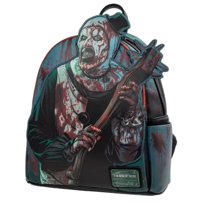 Backpack with a horror-themed design featuring a character with a knife on a white background