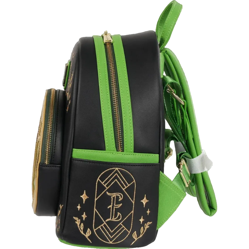 Black backpack with green straps and gold accents on a white background