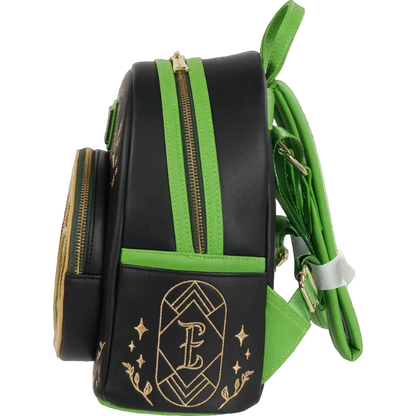 Black backpack with green straps and gold accents on a white background