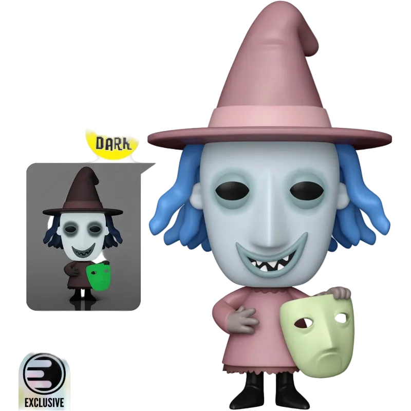 Funko Pop! vinyl figure of Wednesday Addams from The Addams Family, featuring a pale blue-gray mask, pink witch hat and dress, blue hair, and holding a light green mask. Includes a yellow 'Glows in the Dark' badge and an exclusive logo on a white background.