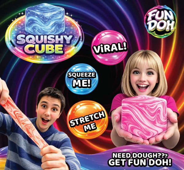 Promotional image of Fun Doh products with a boy and girl holding a pink and white swirl cube against a colorful background.