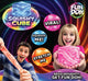 Promotional image of Fun Doh products with a boy and girl holding a pink and white swirl cube against a colorful background.