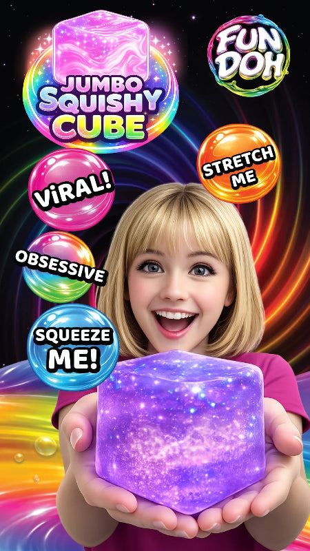 Child holding a glowing purple cube with colorful text and graphics on a dark background