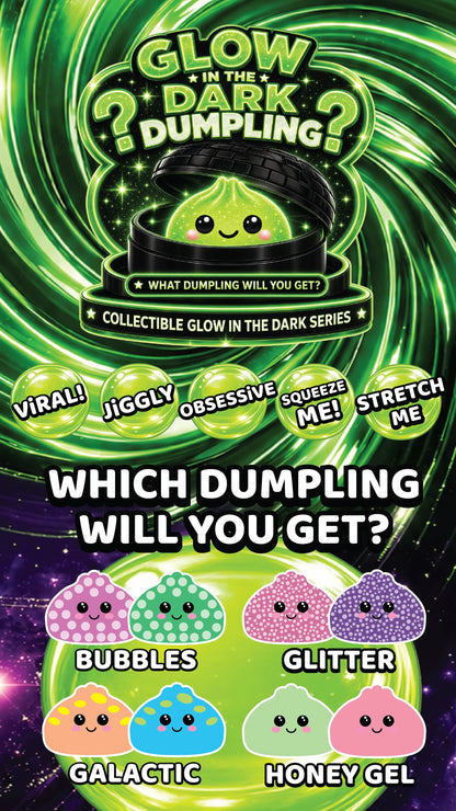 Promotional poster for a collectible glow-in-the-dark dumpling series with various dumpling designs and text.