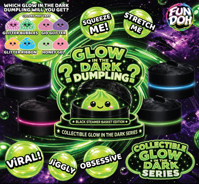 Promotional image of Fun Doh Glow in the Dark Dumpling with various features highlighted.