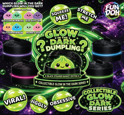 Promotional image of Fun Doh Glow in the Dark Dumpling with various features highlighted.