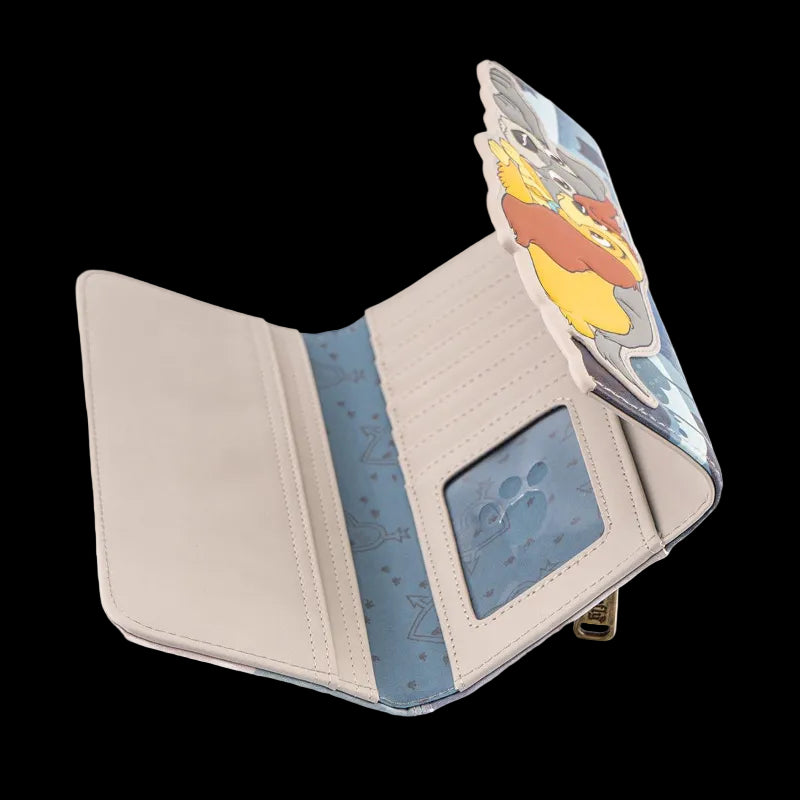 An open beige faux-leather wallet with a blue patterned interior and a cartoon character flap featuring Mickey Mouse and friends, shown on a white background.