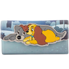 A wallet featuring a large graphic of Lady and Tramp cartoon dogs in a snowy winter scene, set against a light blue background.