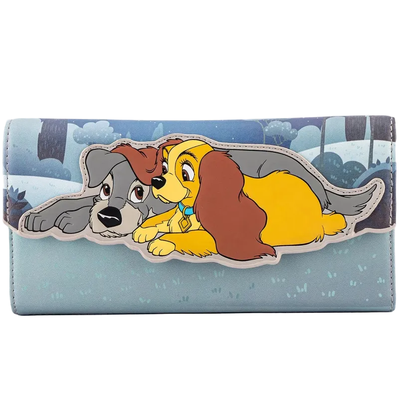 A wallet featuring a large graphic of Lady and Tramp cartoon dogs in a snowy winter scene, set against a light blue background.