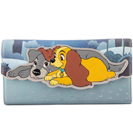 A wallet featuring a large graphic of Lady and Tramp cartoon dogs in a snowy winter scene, set against a light blue background.