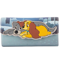 A wallet featuring a large graphic of Lady and Tramp cartoon dogs in a snowy winter scene, set against a light blue background.