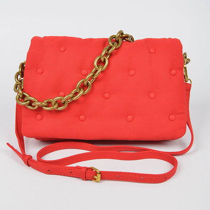 Cotton Canvas Studded Chain Shoulder Bag: Red