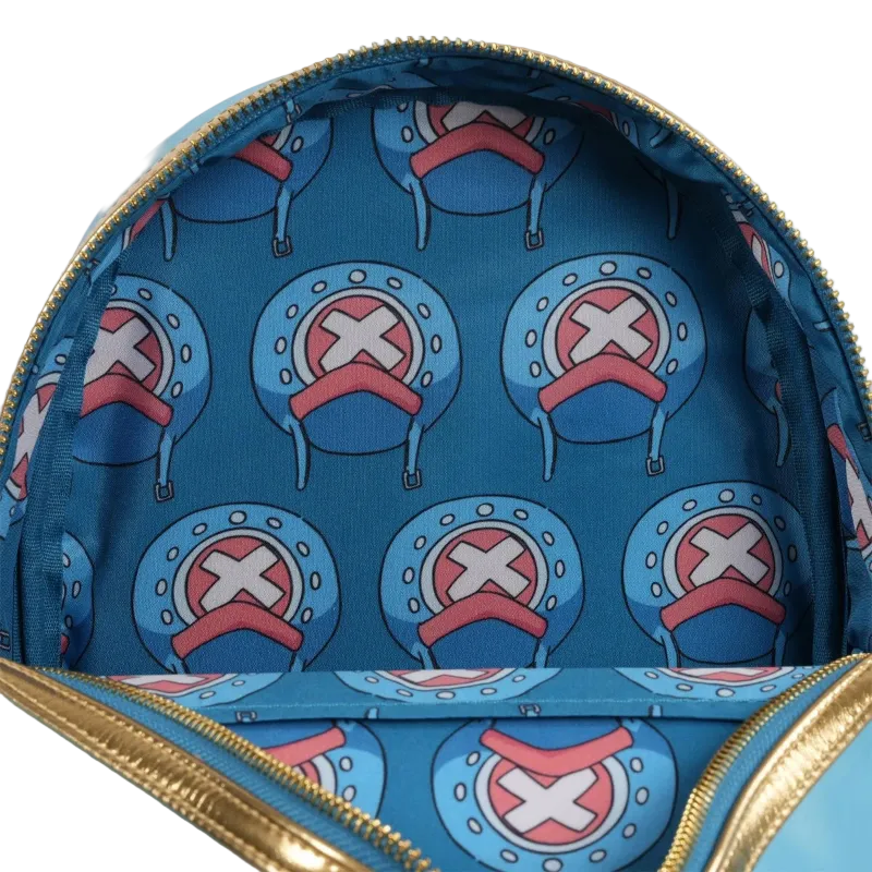 Close-up of a blue backpack with a pattern of circular designs featuring a red 'X' on a blue background.