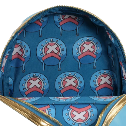 Close-up of a blue backpack with a pattern of circular designs featuring a red 'X' on a blue background.