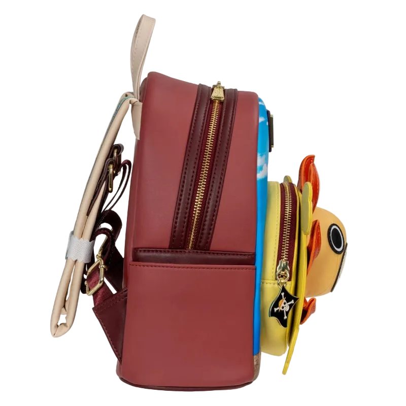Red backpack with a cartoon fish character on a white background