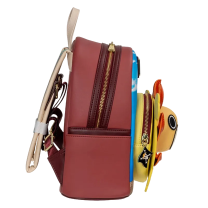 Red backpack with a cartoon fish character on a white background