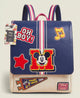 Backpack with Mickey Mouse patches and 'OH BOY!' text on a beige background