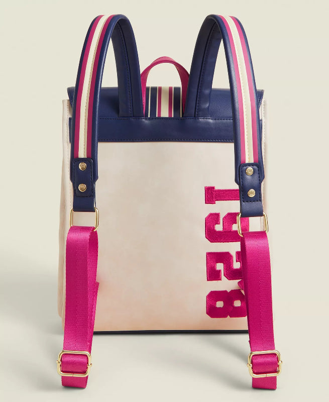 Bag with pink and blue straps on a beige background