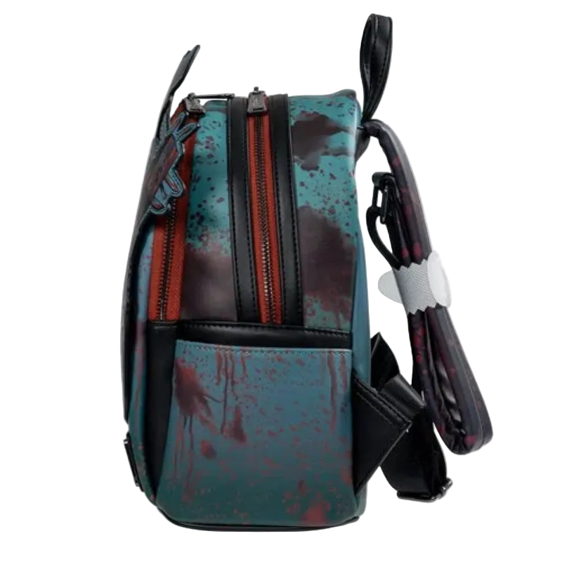 Backpack with a blue and black pattern on a white background