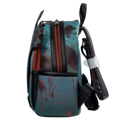 Backpack with a blue and black pattern on a white background