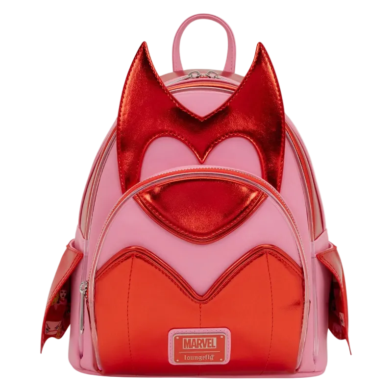 Pink and red backpack with Marvel logo on a white background