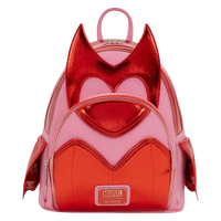 Pink and red backpack with Marvel logo on a white background