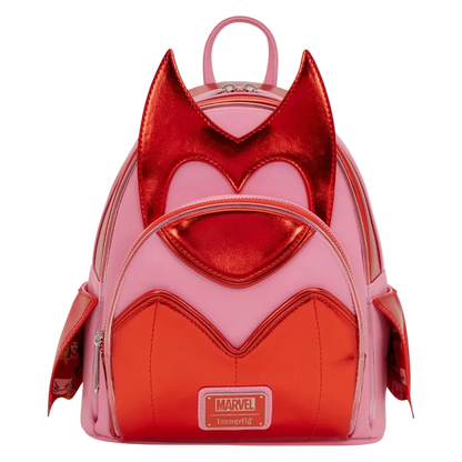 Pink and red backpack with Marvel logo on a white background