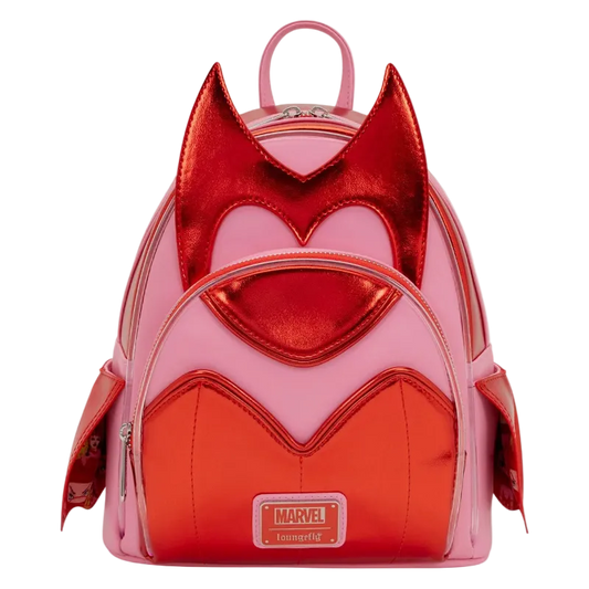 Pink and red backpack with Marvel logo on a white background
