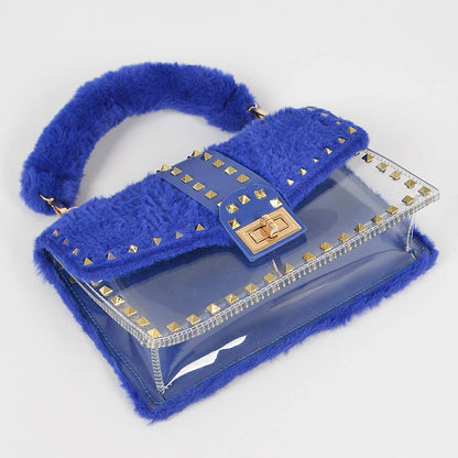 HPC3207 FAUX FUR CLEAR CLUTCH W/ DETACHABLE PURSE: Mustard