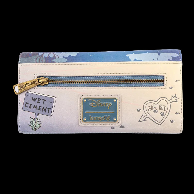Disney Loungies 'The Princess and the Frog' zip-around wallet in a pastel gradient of blue, lavender, and cream, featuring gold hardware and character graphics.