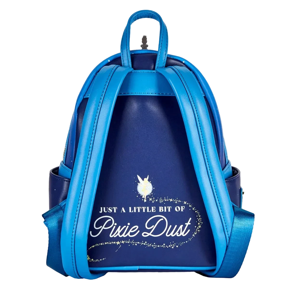 Blue backpack with 'Just a Little Bit of Pixie Dust' text on a white background
