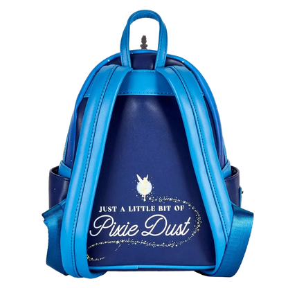 Blue backpack with 'Just a Little Bit of Pixie Dust' text on a white background