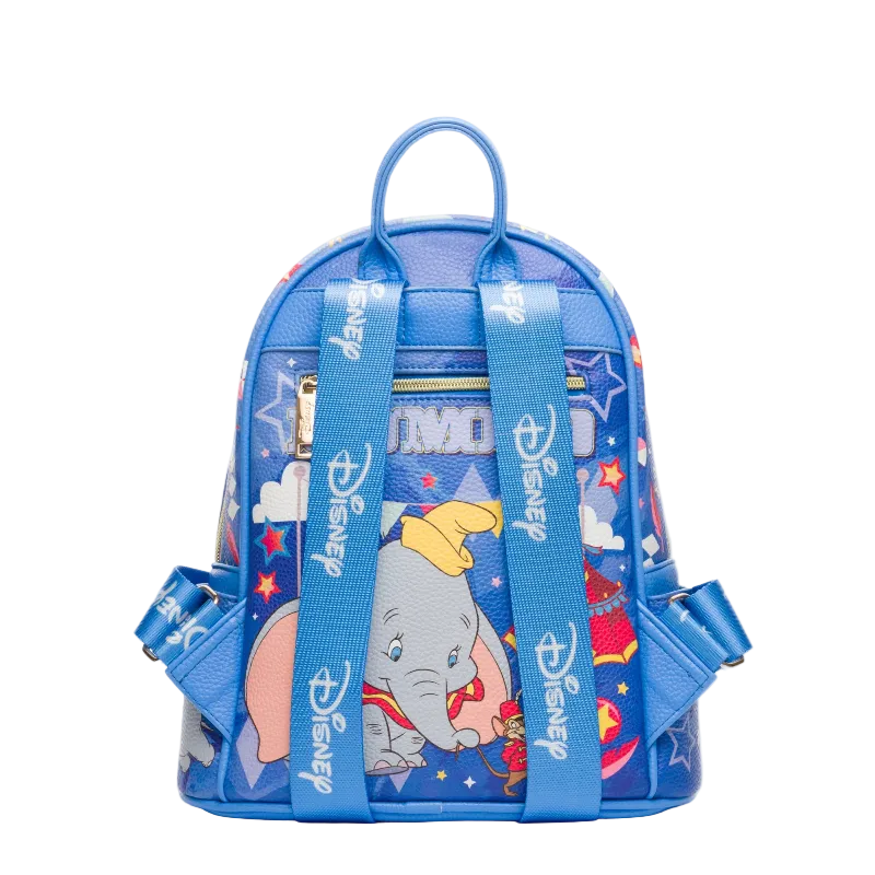 Blue backpack with Dumbo the Elephant design on a white background