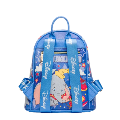 Blue backpack with Dumbo the Elephant design on a white background