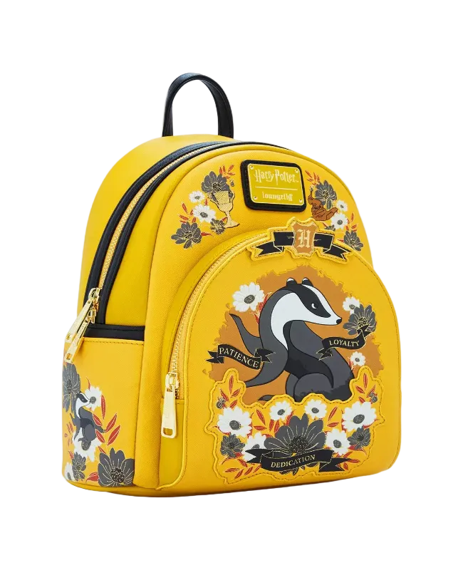 Yellow backpack with badger design and floral elements on a white background