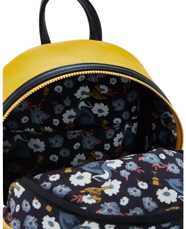 Floral-patterned backpack with a yellow exterior on a white background