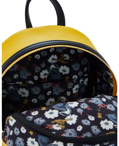 Floral-patterned backpack with a yellow exterior on a white background