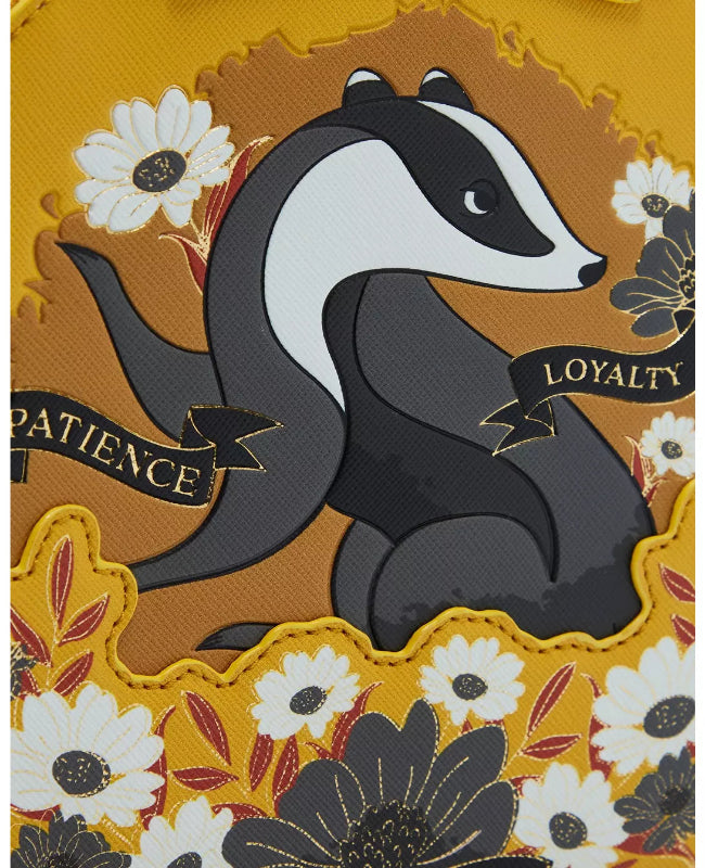 Badger illustration with flowers and text on a yellow background