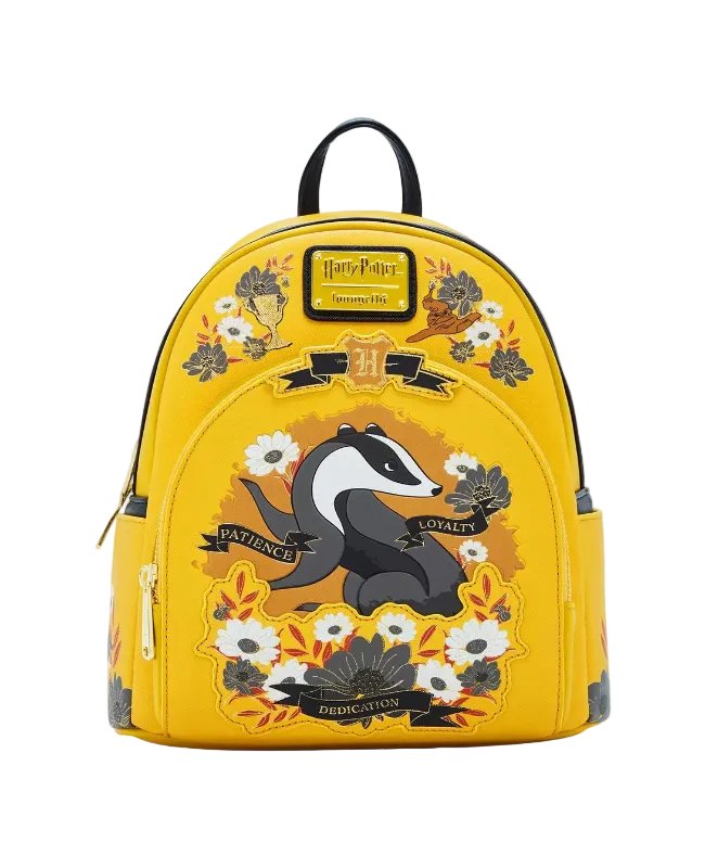 Yellow backpack with badger design and floral elements on a white background