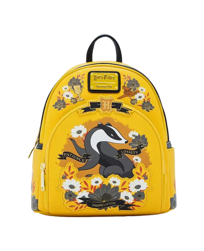 Yellow backpack with badger design and floral elements on a white background